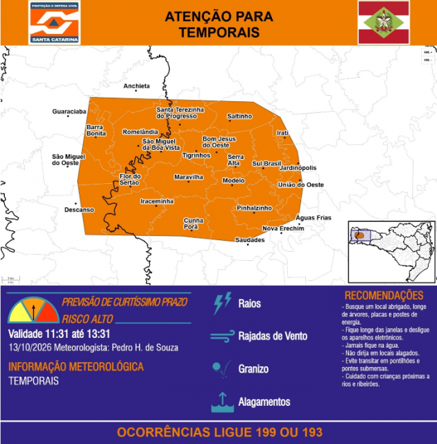 Defesa Civil alerta Oeste de SC para risco alto de temporais nesta terça-feira (13)