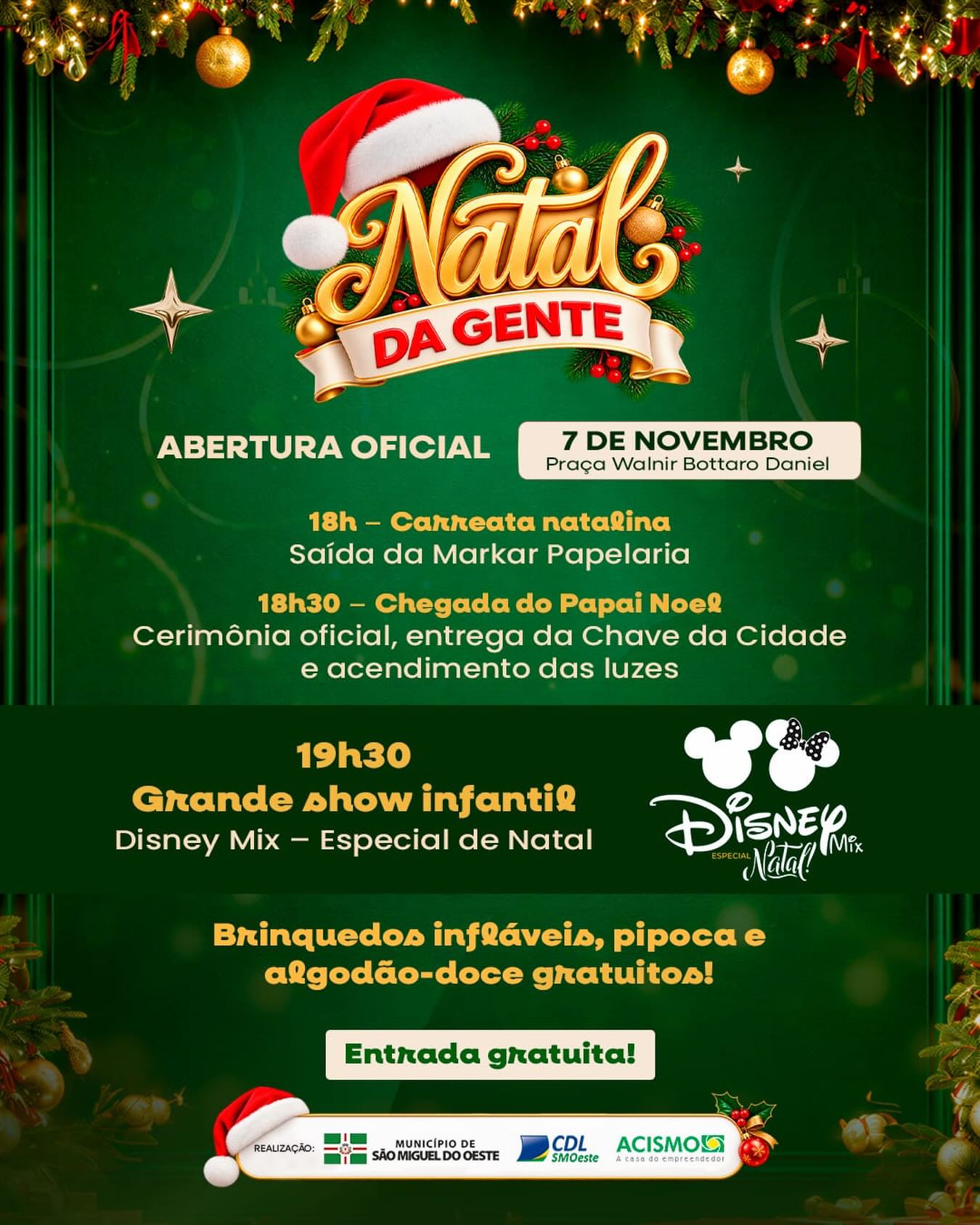 Natal da Gente 2026 terá show Disney Mix em São Miguel do Oeste