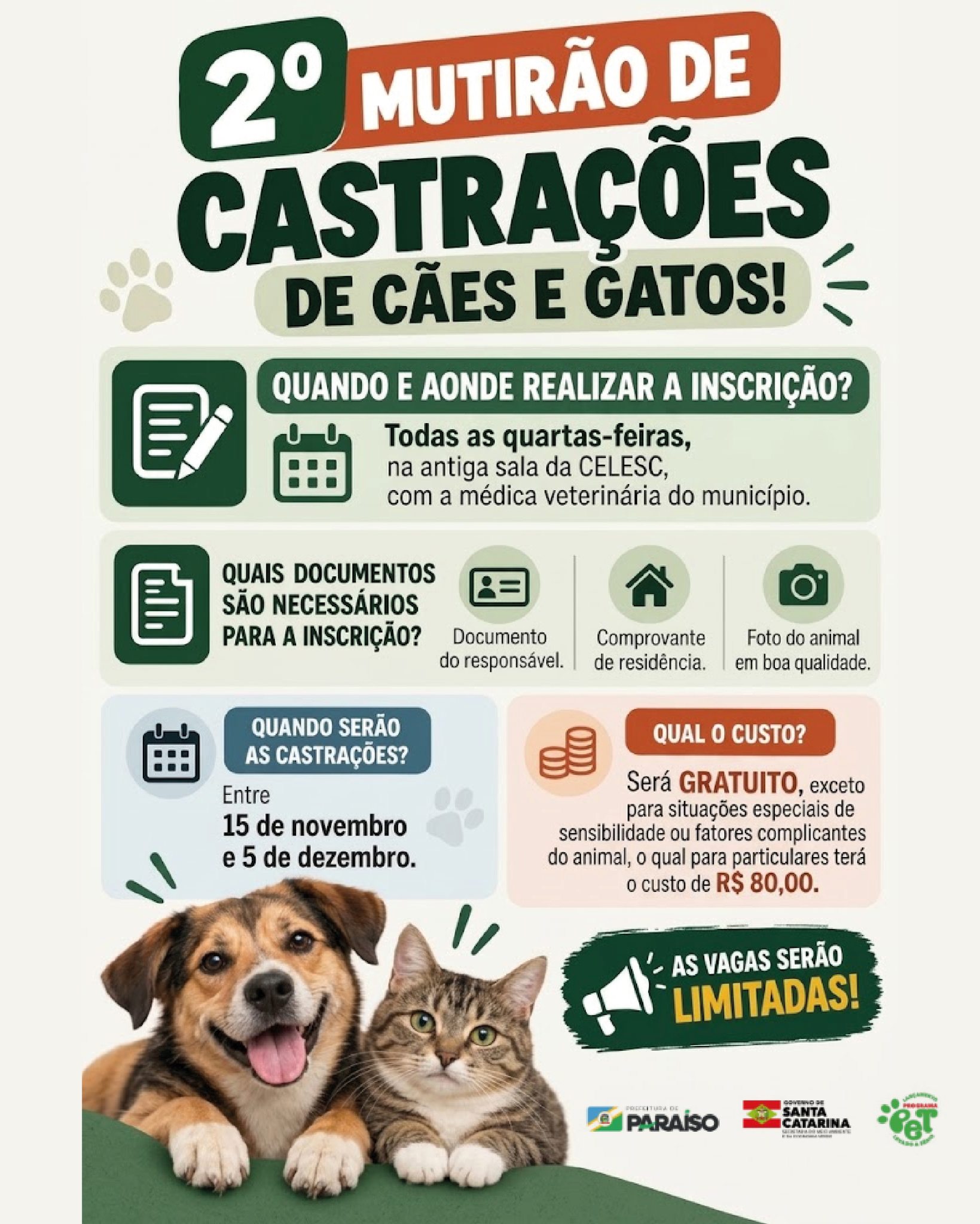 Paraíso realiza segundo mutirão de castrações de cães e gatos