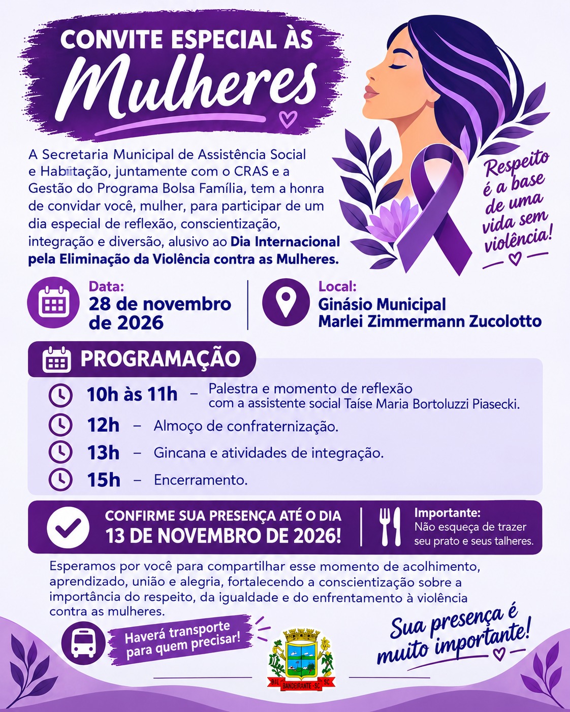 Bandeirante promove encontro de conscientização sobre a violência contra as mulheres no dia 28 de novembro