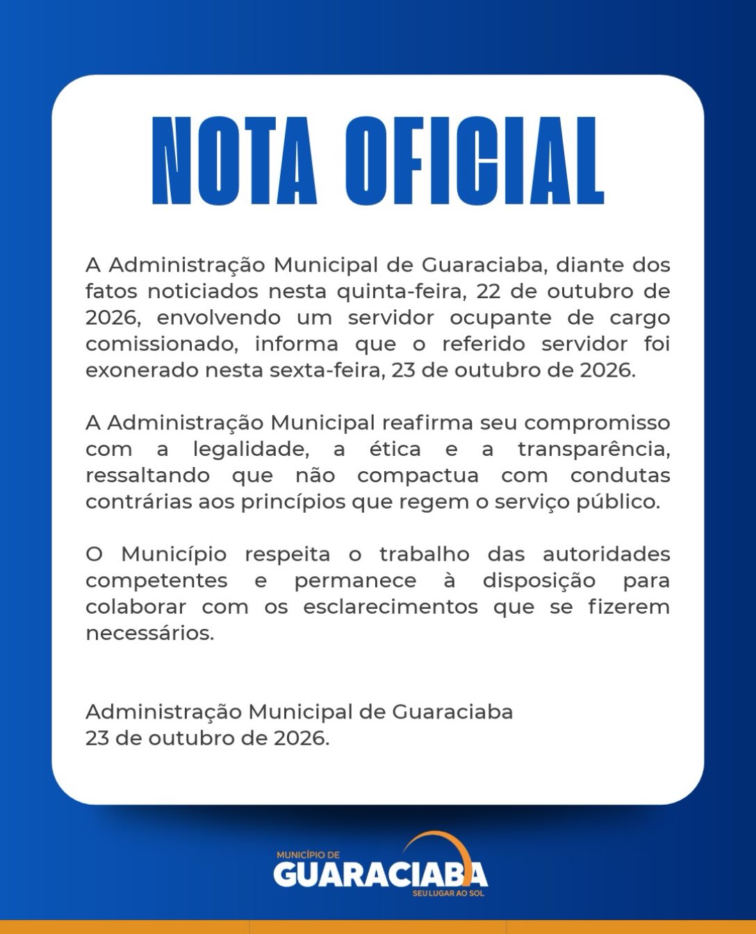 Prefeitura de Guaraciaba exonera servidor após ocorrência envolvendo fios de cobre