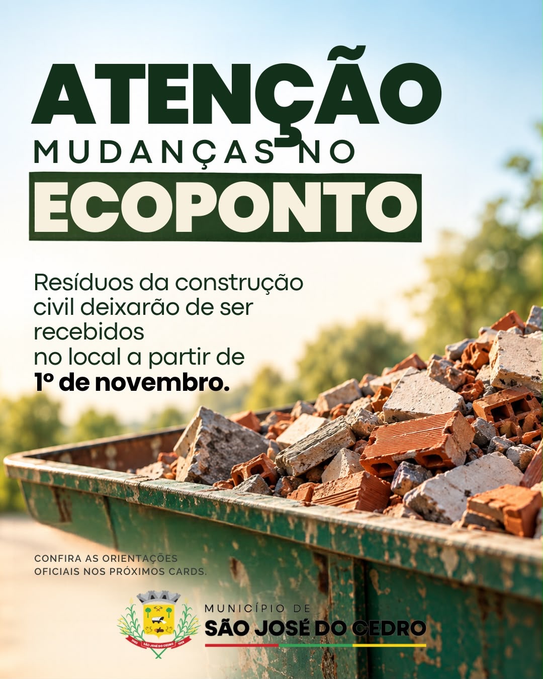 Ecoponto de São José do Cedro deixará de receber resíduos da construção civil em novembro