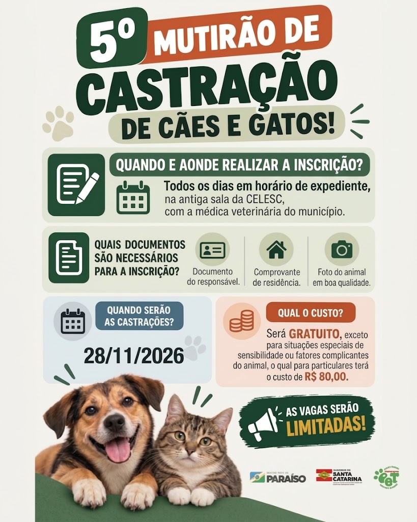 Paraíso realiza 5º Mutirão de Castração de cães e gatos em novembro