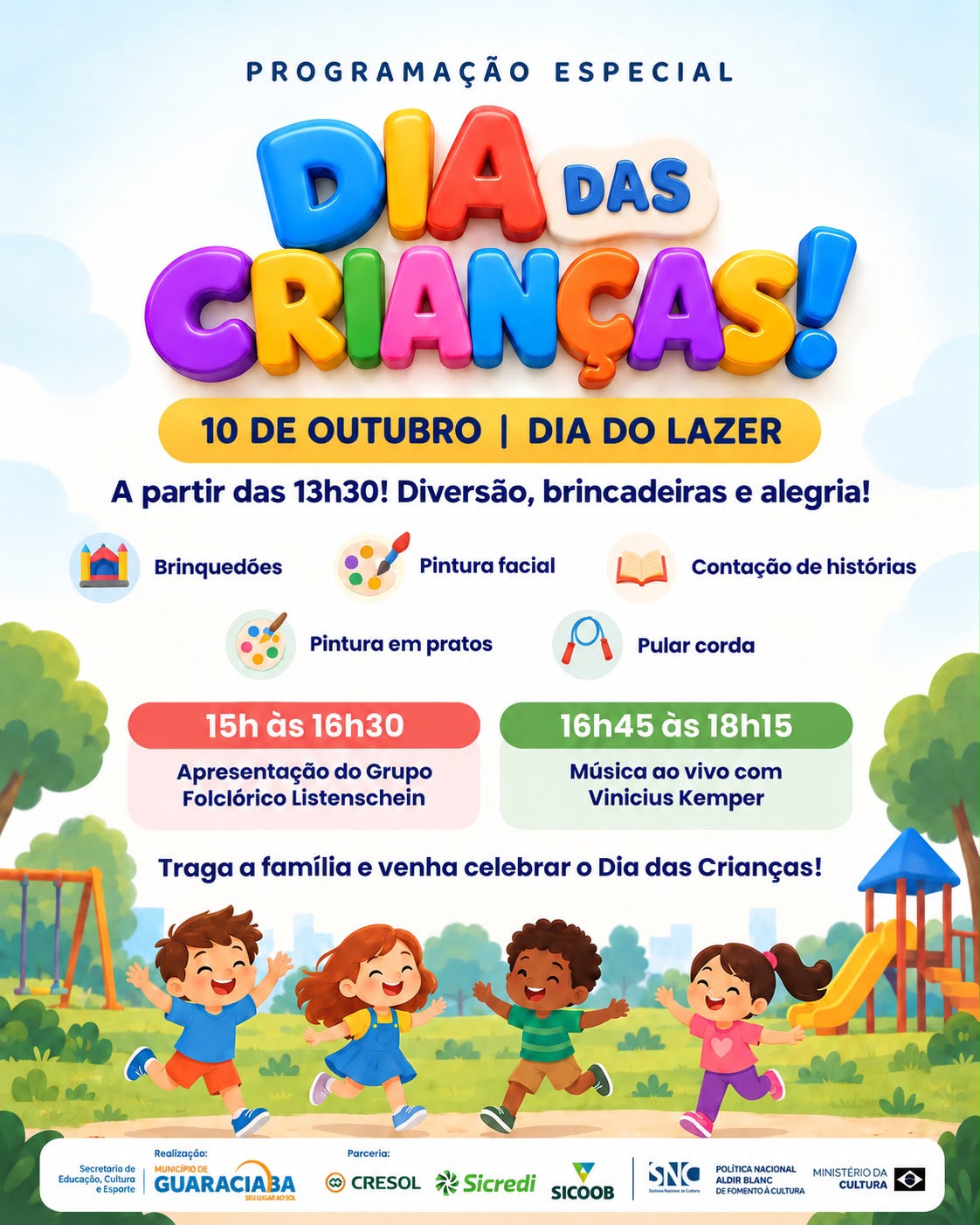 Dia do Lazer será realizado neste sábado (10) em comemoração ao Dia das Crianças em Guaraciaba
