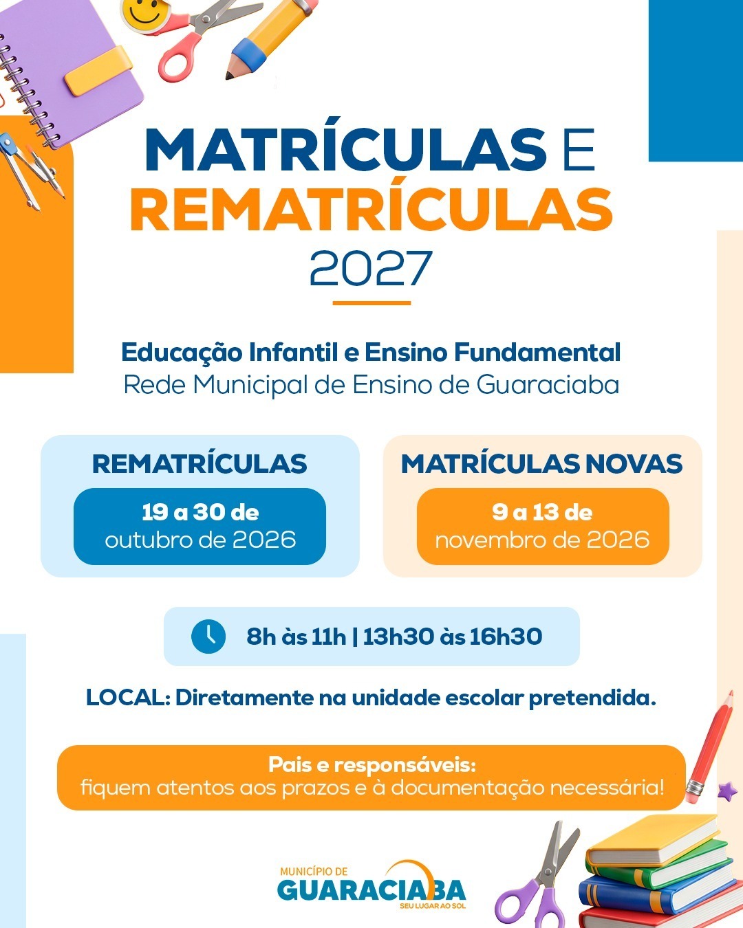 Guaraciaba segue com prazos para matrículas e rematrículas na Rede Municipal de Ensino para 2027
